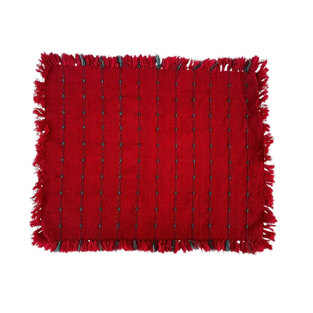 Set Of 4 Handmade Woven Red Placemats & Napkins Fringe Edges & Green Accent